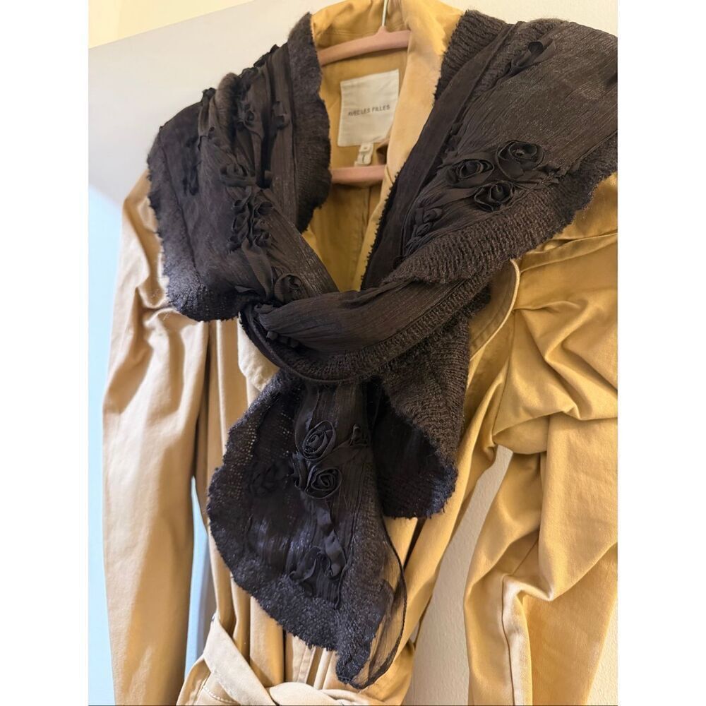 Brown Silk Chiffon Wool Blend Scarf Floral Appliqué Wrap Shawl Boho Romantic